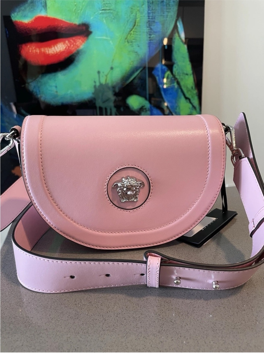 Versace Pink Leather Medusa Saddle Bag $1600 a retail Authentic